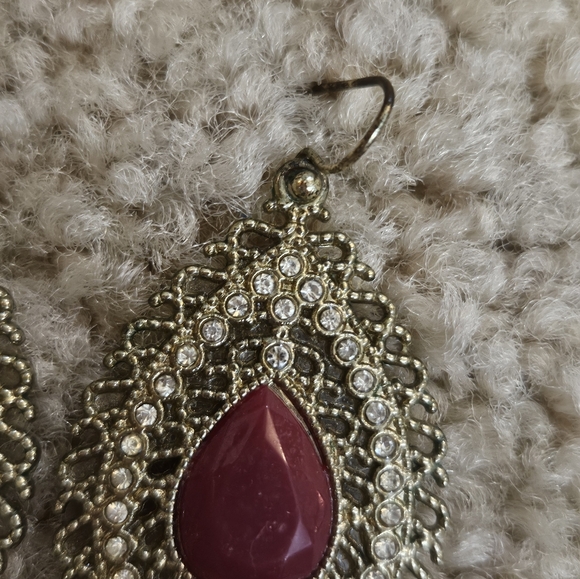 Elegant Gold and Red Teardrop Rhinestone Earrings - Picture 6 of 8